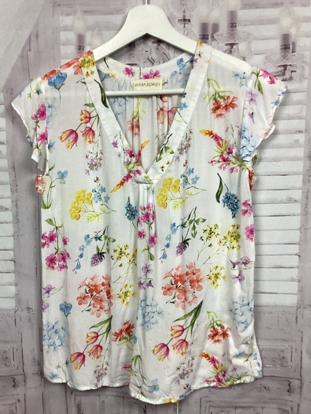 Cynthia Rowley Sheer White Blouse with Floral Print L